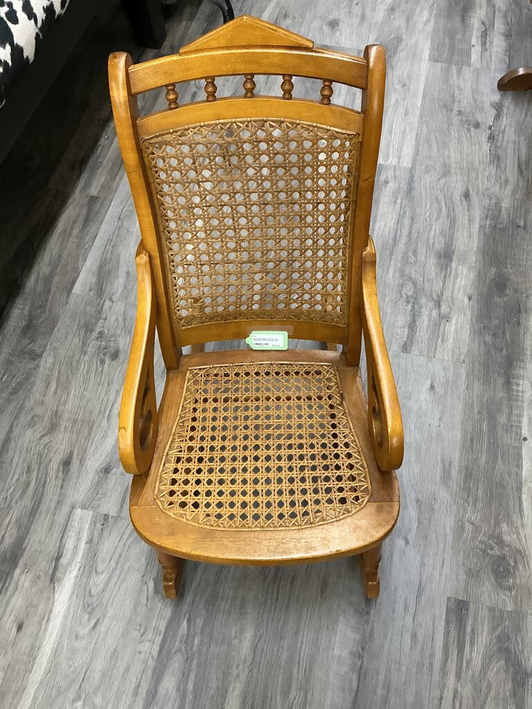 #373-1900-1920s oak & cane childrens lincoln rocking chair