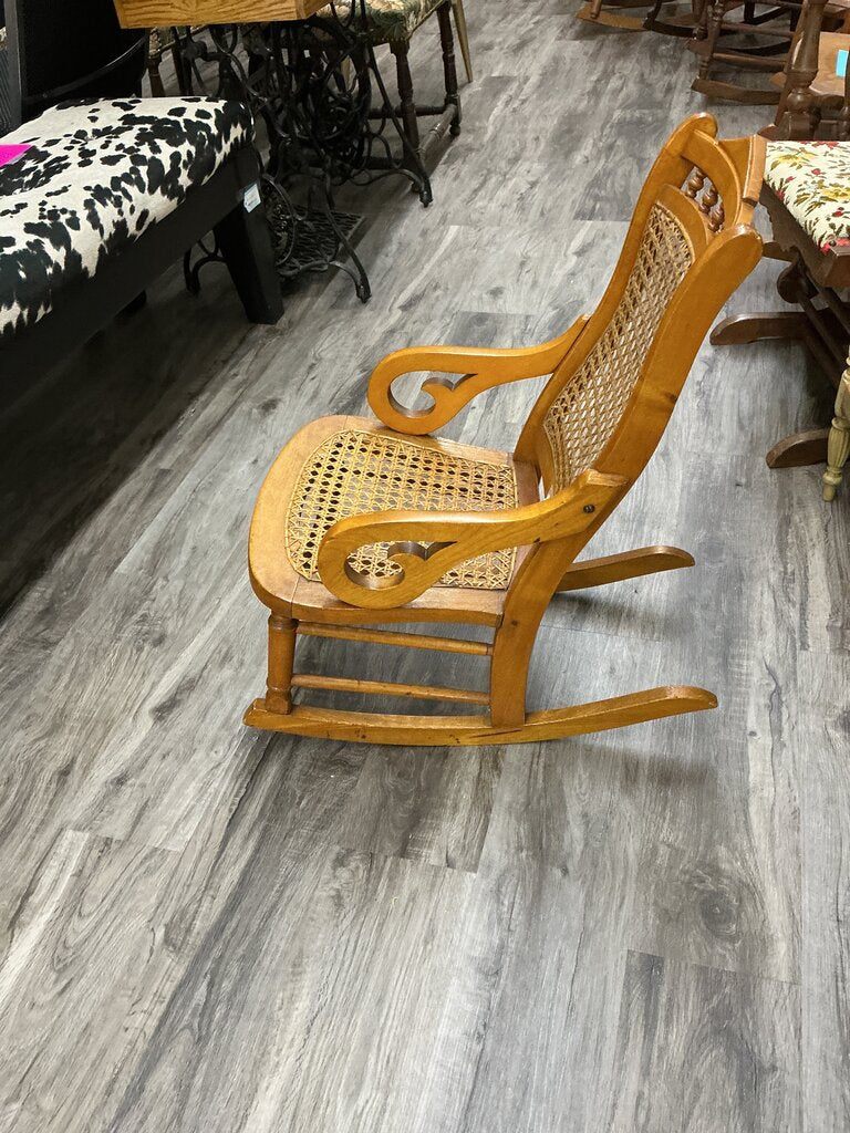 #373-1900-1920s oak & cane childrens lincoln rocking chair